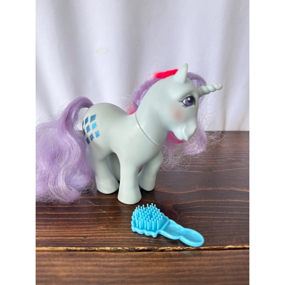 Vintage 1984 My Little Pony G1 Powder Unicorn Pale Blue Purple Hair with Brush